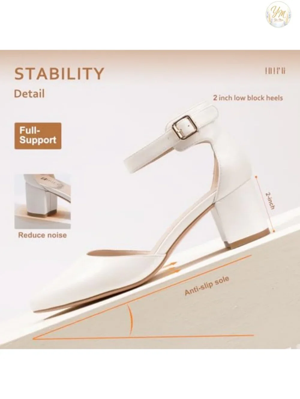 IDIFU Womens Pumps Low Block Heels Chunky Heel Pointed Toe Ankle Strap